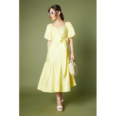 Fashion Elegant V-Neckline Ruff Sleeve Ruffle Tight Waist Solid Color Formal Dress