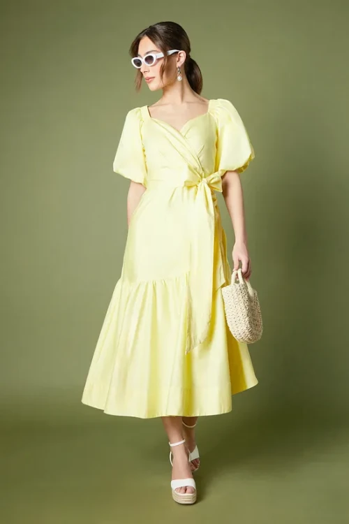 Fashion Elegant V-Neckline Ruff Sleeve Ruffle Tight Waist Solid Color Formal Dress