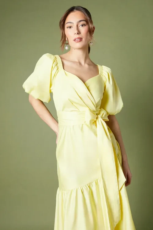 Fashion Elegant V-Neckline Ruff Sleeve Ruffle Tight Waist Solid Color Formal Dress