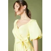 Fashion Elegant V-Neckline Ruff Sleeve Ruffle Tight Waist Solid Color Formal Dress