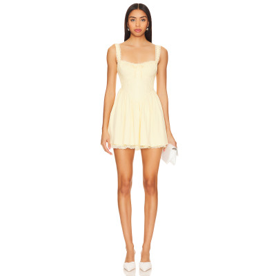 2025 Hot Sale Fashionbale Yellow Lace Trimmed Square Neckline Tie up Details Short Dress