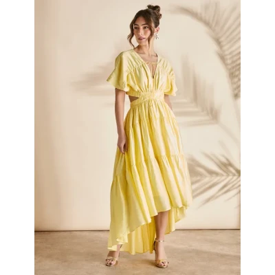 Elegant Fashion V-Neckline Short Sleeve Cut Out Ruffle Tight Waist Solid Color Formal Dress