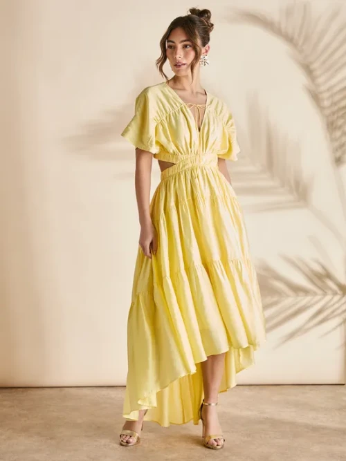 Elegant Fashion V-Neckline Short Sleeve Cut Out Ruffle Tight Waist Solid Color Formal Dress