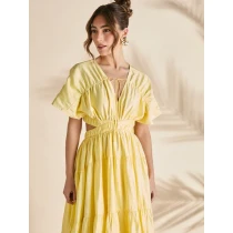 Elegant Fashion V-Neckline Short Sleeve Cut Out Ruffle Tight Waist Solid Color Formal Dress