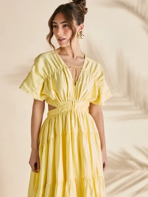 Elegant Fashion V-Neckline Short Sleeve Cut Out Ruffle Tight Waist Solid Color Formal Dress