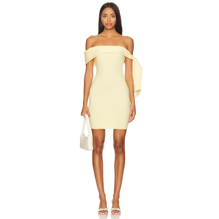 Panna Cotta Off the Shoulder Bow Knot detail Medium Weight Stretch knit Fabric Bodycon Dress