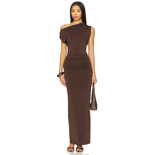2025 Hot Sale Fashionable Vintage Elegant Form Fitting Ruched One Shoulder Maxi Dress