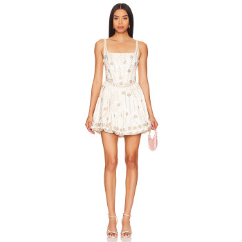 Glistening Bead Embroidered Square Necked Camisole Puff Mini Dress