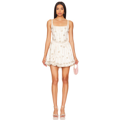 Glistening Bead Embroidered Square Necked Camisole Puff Mini Dress