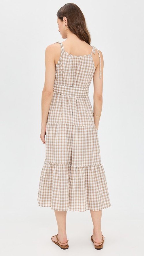 Sample V-Neckline Sleeveless Self-Belt At Waist Plaid Pattern On-Seam Side Pockets Tiered Dress