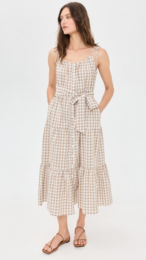 Sample V-Neckline Sleeveless Self-Belt At Waist Plaid Pattern On-Seam Side Pockets Tiered Dress