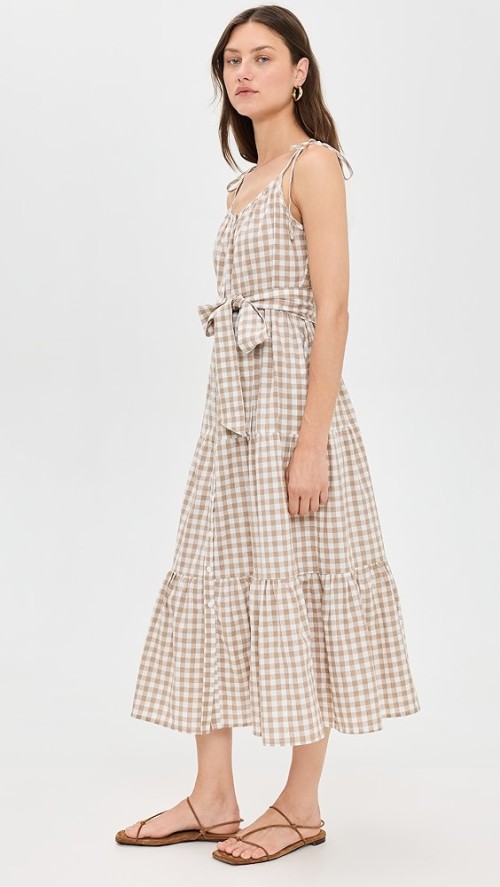 Sample V-Neckline Sleeveless Self-Belt At Waist Plaid Pattern On-Seam Side Pockets Tiered Dress