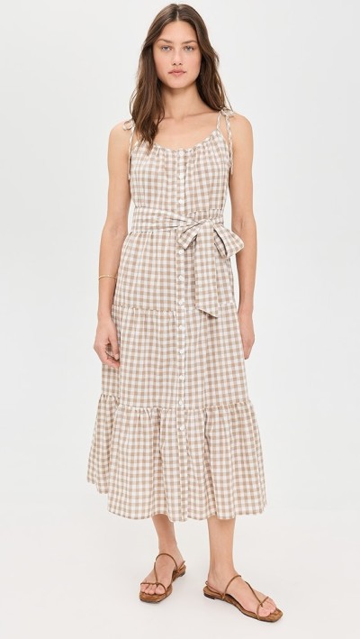 Sample V-Neckline Sleeveless Self-Belt At Waist Plaid Pattern On-Seam Side Pockets Tiered Dress