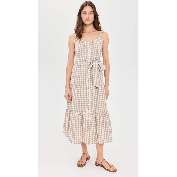 Sample V-Neckline Sleeveless Self-Belt At Waist Plaid Pattern On-Seam Side Pockets Tiered Dress