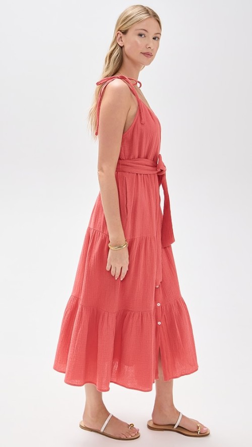 Elegant V-Neckline Sleeveless Self-Belt At Waist Button Placket Solid Color Tiered Dress