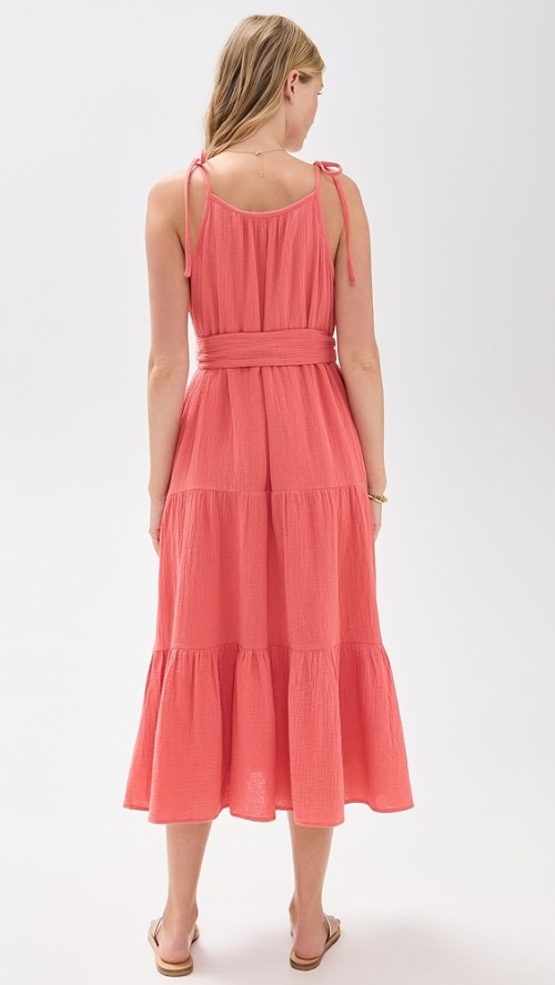 Elegant V-Neckline Sleeveless Self-Belt At Waist Button Placket Solid Color Tiered Dress