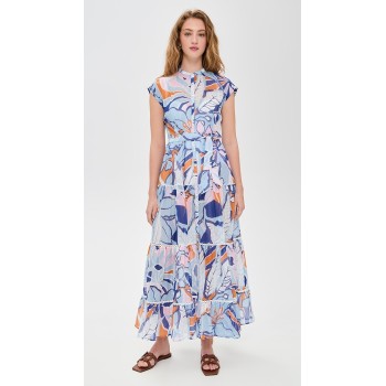 Fashion Daily V-Neckline Cap Sleeve Self-Belt At Waist Button Placket Floral Print Tiered Dress