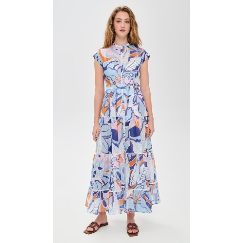 Fashion Daily V-Neckline Cap Sleeve Self-Belt At Waist Button Placket Floral Print Tiered Dress