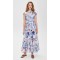 Fashion Daily V-Neckline Cap Sleeve Self-Belt At Waist Button Placket Floral Print Tiered Dress