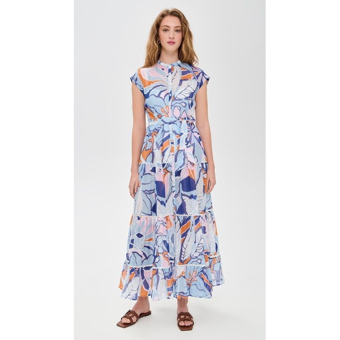 Fashion Daily V-Neckline Cap Sleeve Self-Belt At Waist Button Placket Floral Print Tiered Dress