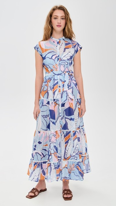 Fashion Daily V-Neckline Cap Sleeve Self-Belt At Waist Button Placket Floral Print Tiered Dress