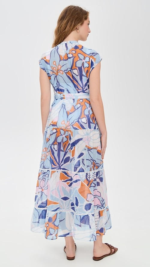 Fashion Daily V-Neckline Cap Sleeve Self-Belt At Waist Button Placket Floral Print Tiered Dress