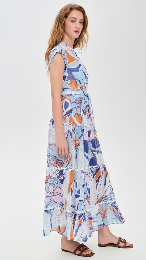 Fashion Daily V-Neckline Cap Sleeve Self-Belt At Waist Button Placket Floral Print Tiered Dress