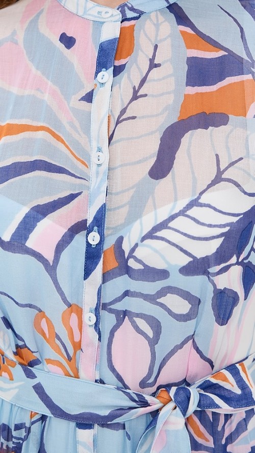 Fashion Daily V-Neckline Cap Sleeve Self-Belt At Waist Button Placket Floral Print Tiered Dress
