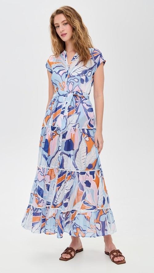 Fashion Daily V-Neckline Cap Sleeve Self-Belt At Waist Button Placket Floral Print Tiered Dress