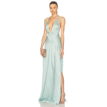 Deep V Halter neckline High slit Cross back Smooth Satin fabric Glamorous Elegant Woman's Maxi Dress