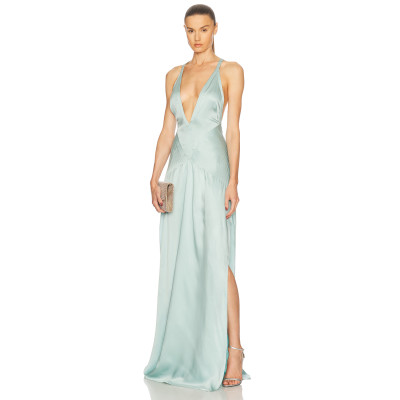 Deep V Halter neckline High slit Cross back Smooth Satin fabric Glamorous Elegant Woman's Maxi Dress