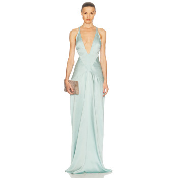 Deep V Halter neckline High slit Cross back Smooth Satin fabric Glamorous Elegant Woman's Maxi Dress