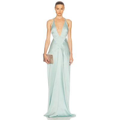 Deep V Halter neckline High slit Cross back Smooth Satin fabric Glamorous Elegant Woman's Maxi Dress