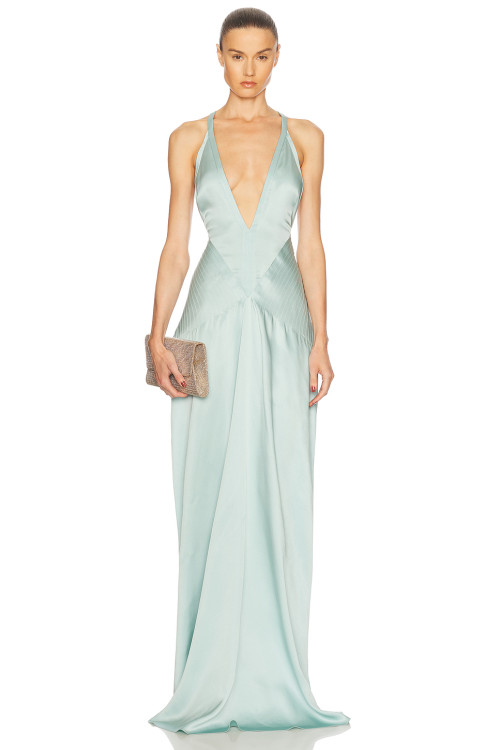 Deep V Halter neckline High slit Cross back Smooth Satin fabric Glamorous Elegant Woman's Maxi Dress