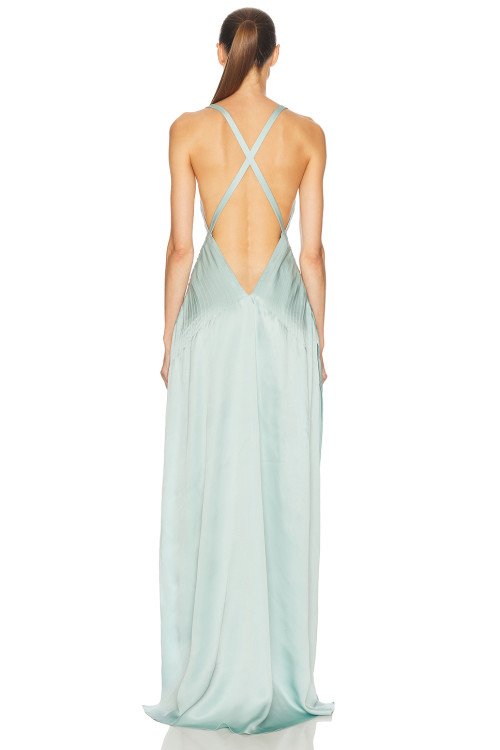 Deep V Halter neckline High slit Cross back Smooth Satin fabric Glamorous Elegant Woman's Maxi Dress