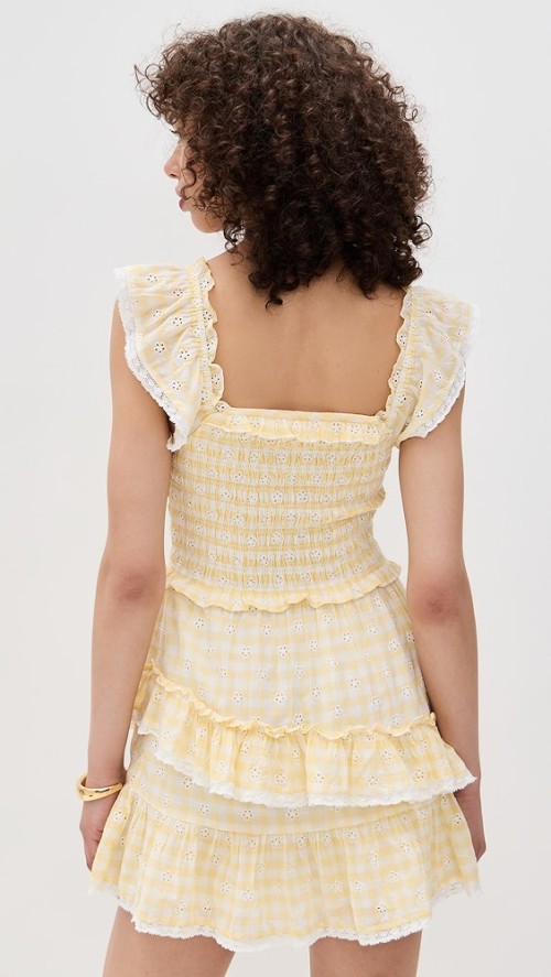 Sweat Daily Square Neckline Short Flutter Sleeve Smocked Elastic Bodice Lace Edges Dress