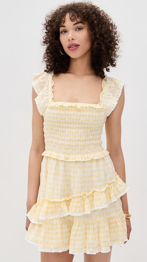 Sweat Daily Square Neckline Short Flutter Sleeve Smocked Elastic Bodice Lace Edges Dress