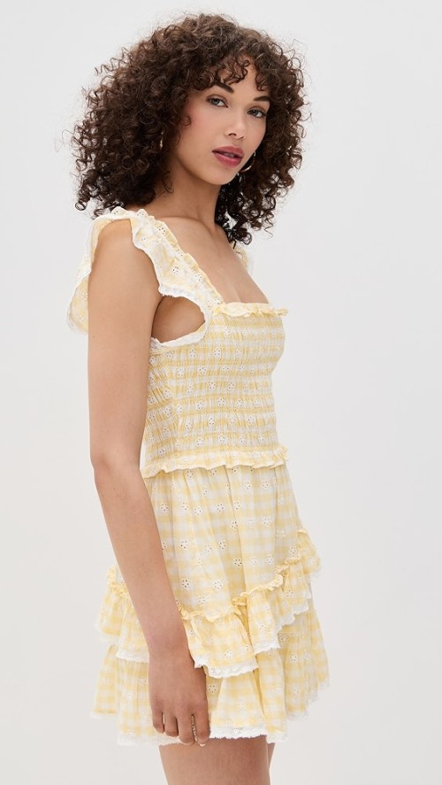 Sweat Daily Square Neckline Short Flutter Sleeve Smocked Elastic Bodice Lace Edges Dress