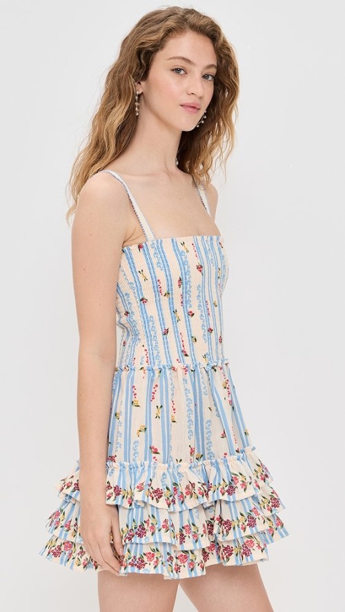 Sample Daily Camisole Square Neckline Smocked Elastic Bodice Tiered Ruffle Hem Floral Print Dress