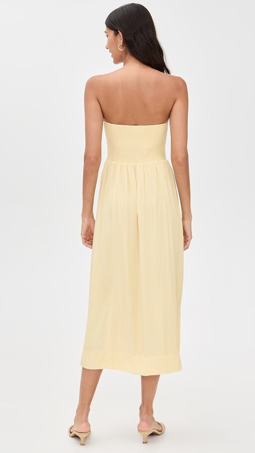 Sample Daily Bandeau Neckline Smocked Elastic Bodice Decorative Buttons Solid Color Dress