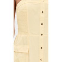 Sample Daily Bandeau Neckline Smocked Elastic Bodice Decorative Buttons Solid Color Dress