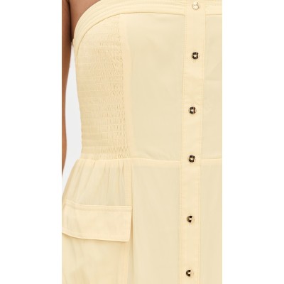 Sample Daily Bandeau Neckline Smocked Elastic Bodice Decorative Buttons Solid Color Dress