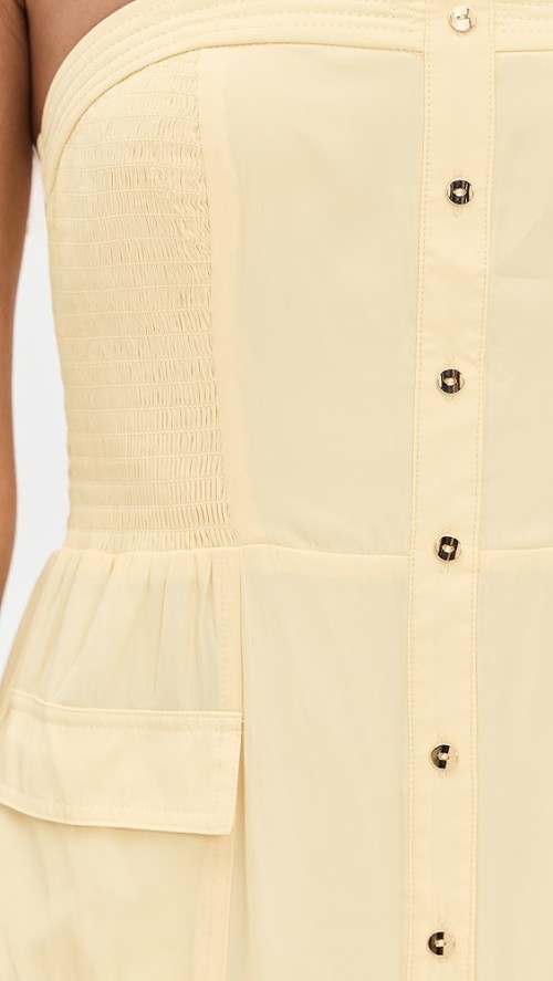 Sample Daily Bandeau Neckline Smocked Elastic Bodice Decorative Buttons Solid Color Dress