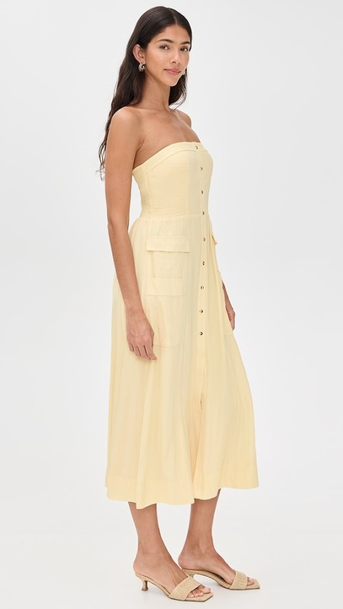 Sample Daily Bandeau Neckline Smocked Elastic Bodice Decorative Buttons Solid Color Dress