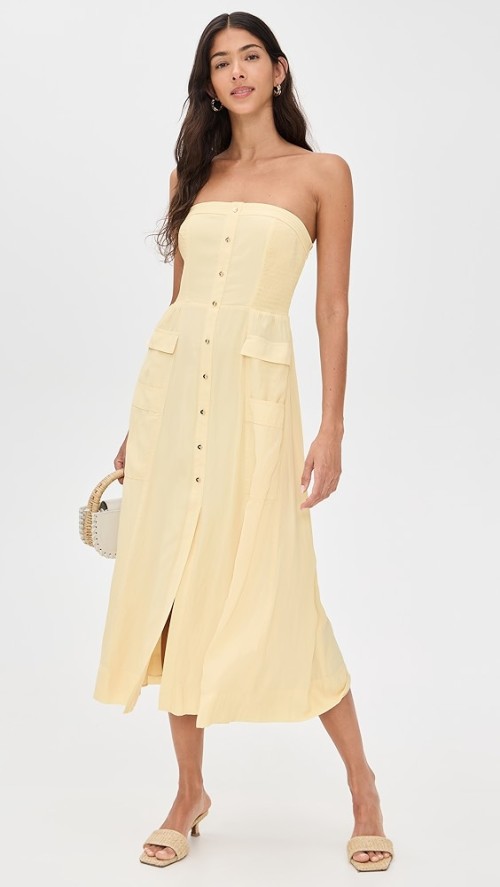 Sample Daily Bandeau Neckline Smocked Elastic Bodice Decorative Buttons Solid Color Dress
