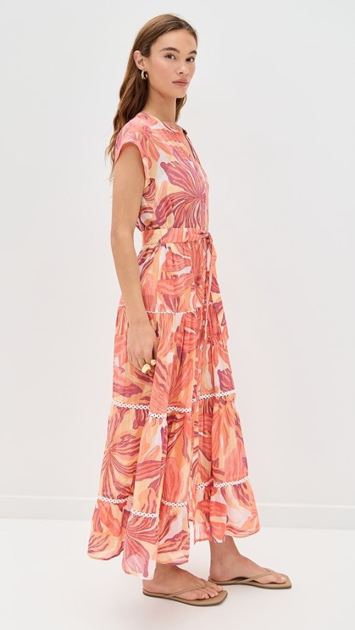 Elegant Daily V-Neckline Short Sleeve Buttons At Front Tie At Waist Floral Print Tiered Dress