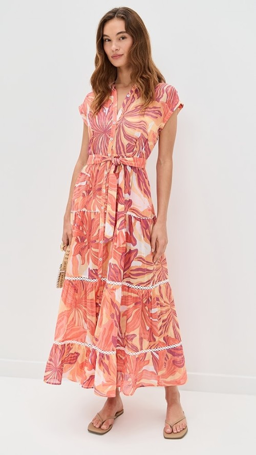 Elegant Daily V-Neckline Short Sleeve Buttons At Front Tie At Waist Floral Print Tiered Dress