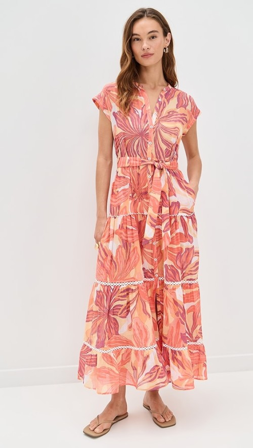 Elegant Daily V-Neckline Short Sleeve Buttons At Front Tie At Waist Floral Print Tiered Dress