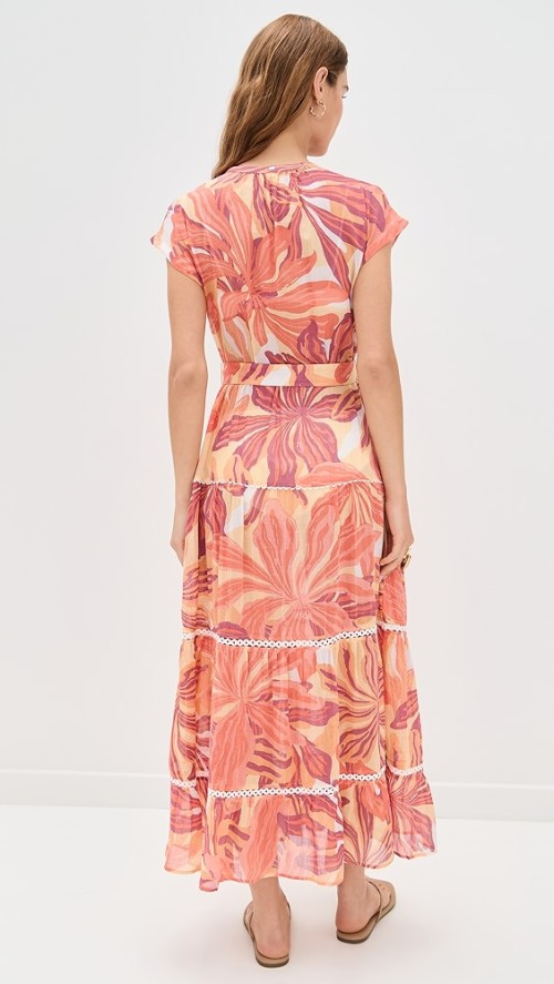 Elegant Daily V-Neckline Short Sleeve Buttons At Front Tie At Waist Floral Print Tiered Dress