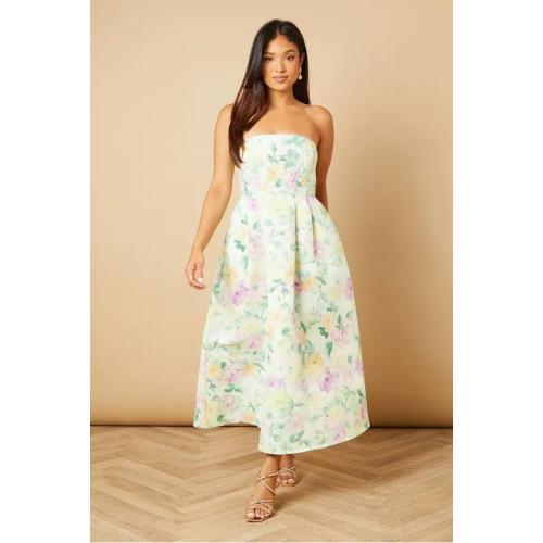 Sample Elegant Bandeau Neckline Tight Waist Backless Floral Print Formal Dress